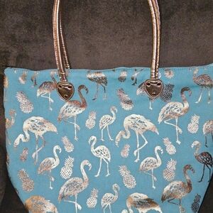Rare Maldives N'Gil Flamingo Print Tote Bag - Teal W/ Gold Print & Handles NWOT